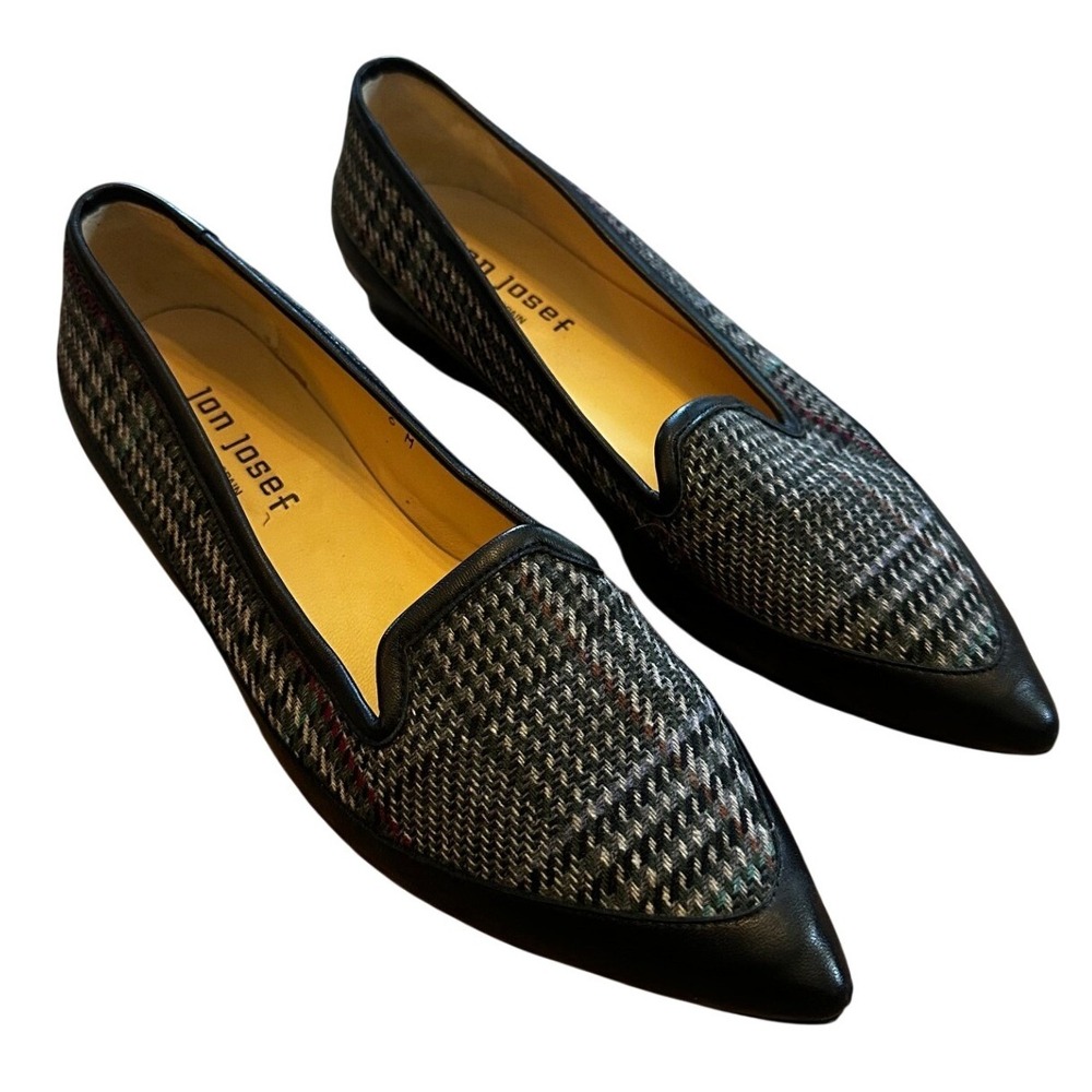 Jon Josef Black Plaid Tweed‎ Leather Pointed Toe Loafers Women's 6